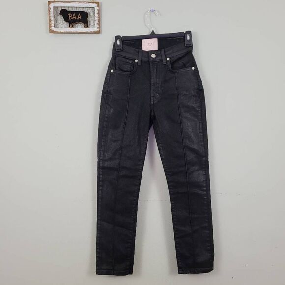 Revice Black Venus Star Coated Denim Cropped Jeans Sz‎ 25 Shiny Straight Leg - Picture 3 of 14